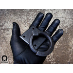 hand holding a wrought iron ring pull with square backplate made by gaaluub